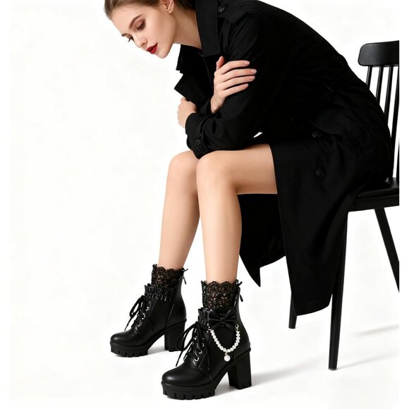 Women's Faux Leather Platform Ankle Boots with Pearl Chain Bow 8 - Picture 3 of 9